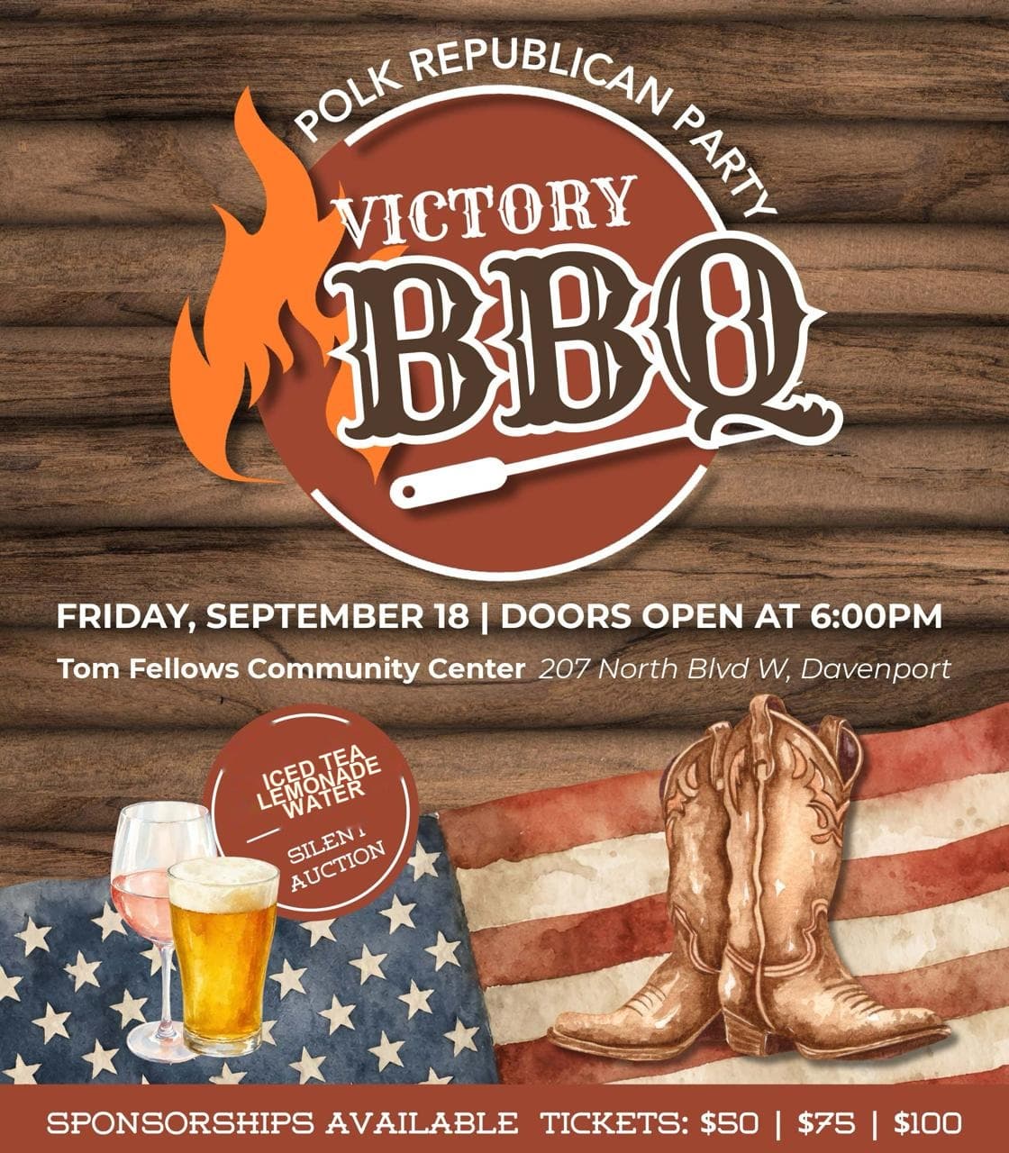 Folleto de la Barbacoa de la Victoria del Partido Republicano de Polk. Viernes 18 de septiembre de 2026. Las puertas abren a las 6:00 p. m. en Tom Fellows Community Center, 207 North Boulevard West, Davenport. Té helado, limonada, agua y subasta silenciosa. Patrocinios disponibles. Entradas de $50, $75 o $100.